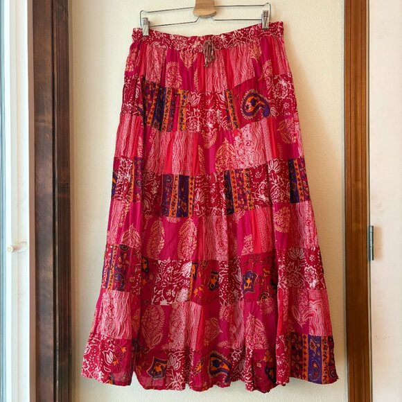 Henna Patchwork Red Maxi Skirt 100% Cotton Bohemian Hippie Flowy Floral Size L - Picture 2 of 10